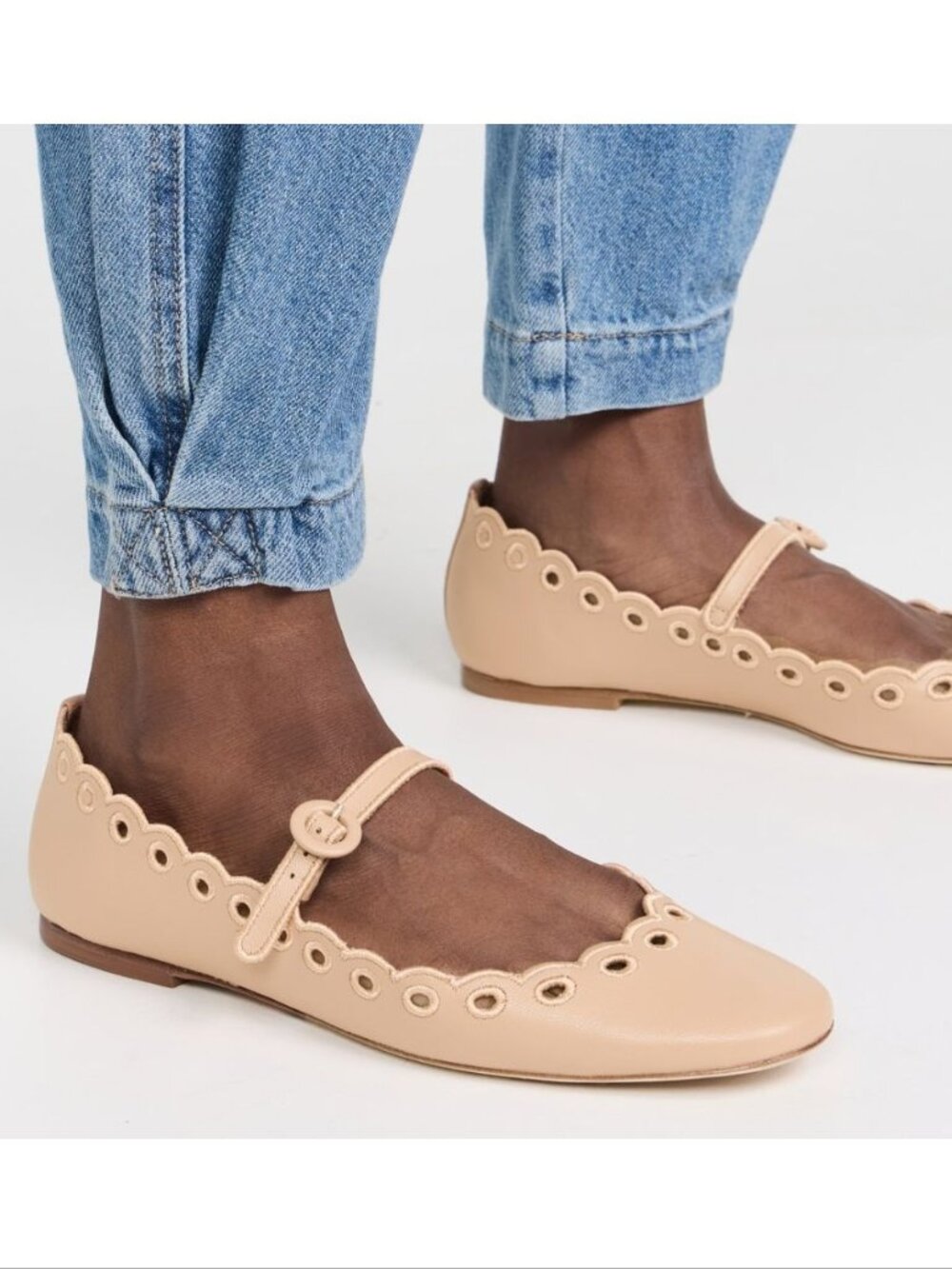 Larroude Blair Broderie Mary Jane Flats Size 6.5 Tan Leather Scalloped NEW $330